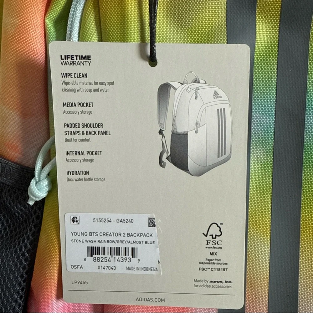 Adidas Young BTS Creator 2 Backpack School Stone Wash Rainbow Tie‎ Dye